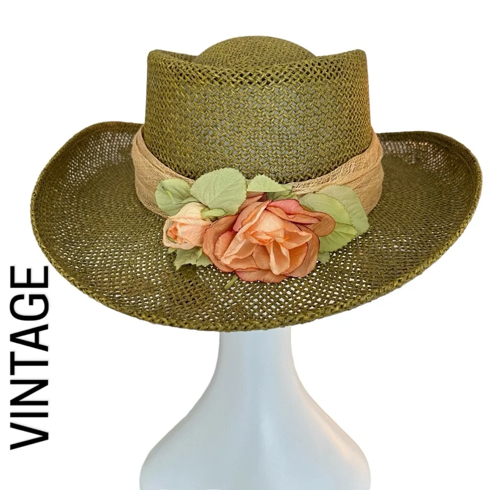 80s Cowboy Olivegreen Straw Hat Western Sun Beach Hiking Resort Travel Fall